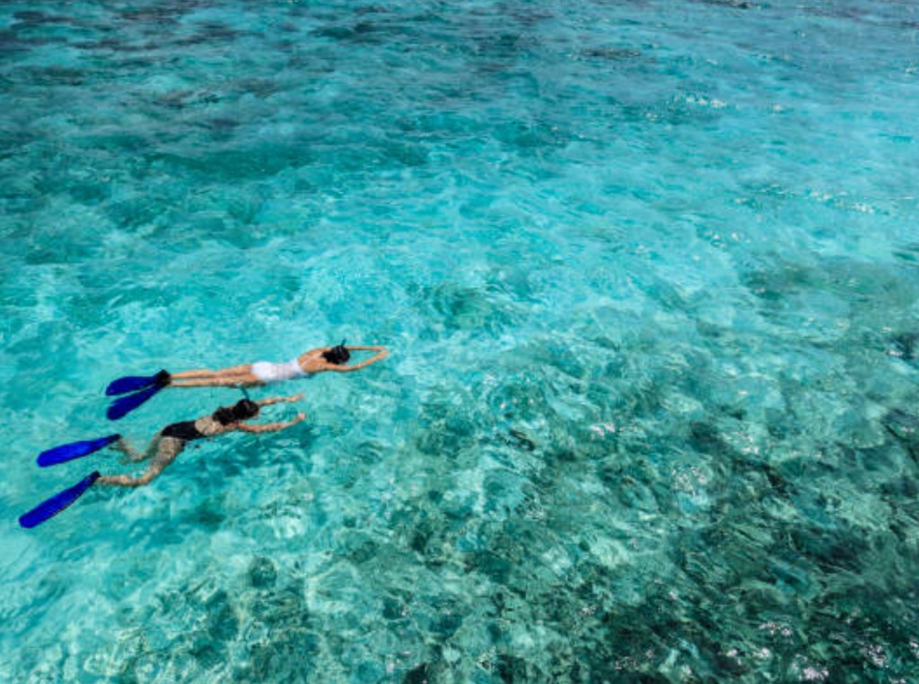 Aerial view of snorkellers in clear turquoise water over visible reef and seabed on a Grand Cayman barrier reef snorkelling tour